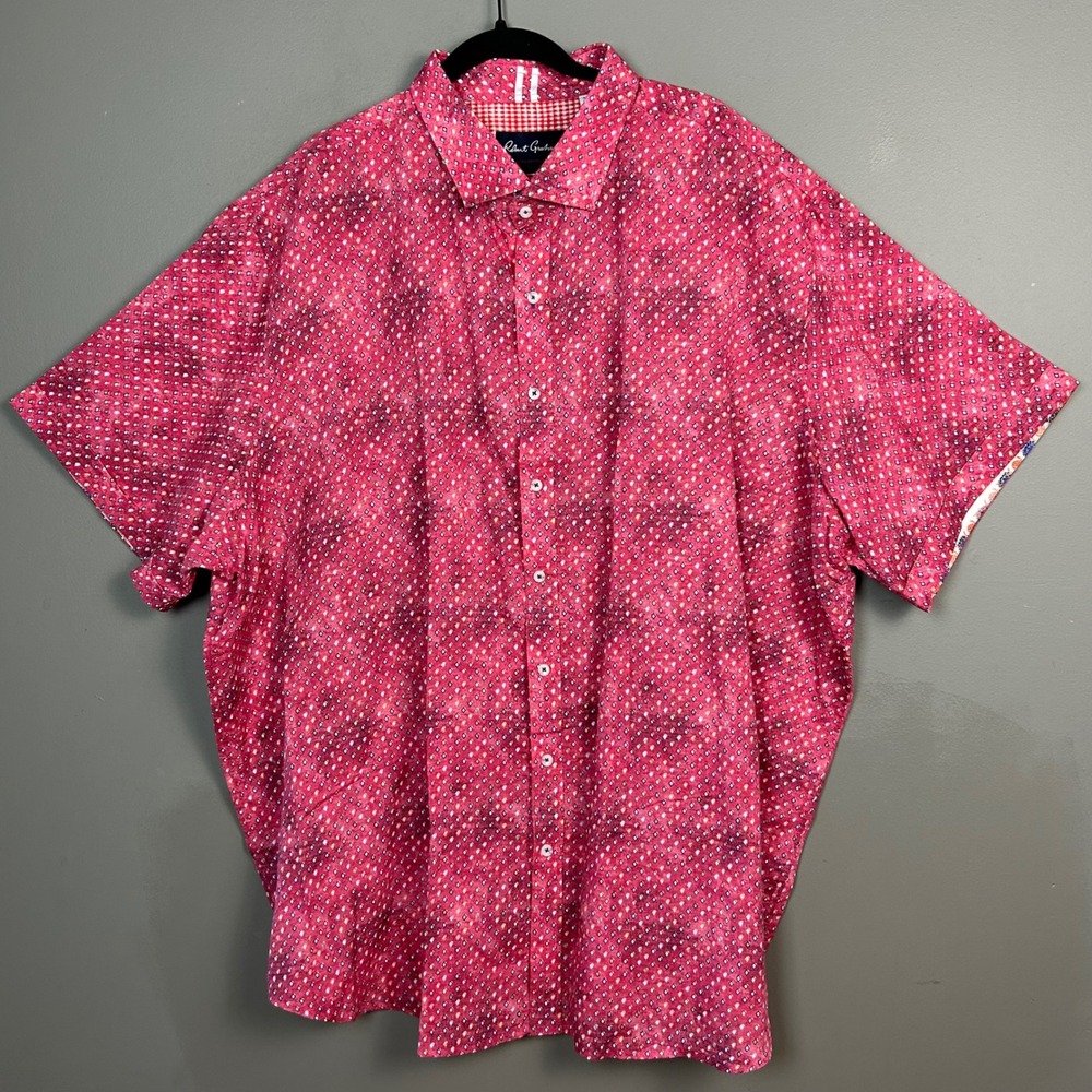 Robert Graham Shirt Mens 4XL Pink Diamond Short Sleeve Button Up Linen Cotton